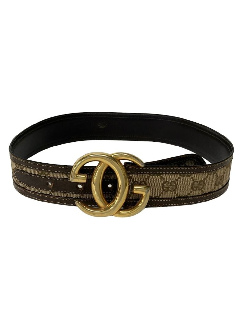 Gucci Belt Beige Dark Brown Gold GG Pattern Interlocking G Leather